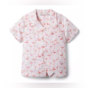 Janie and Jack Boys Size 8 White Pink Flamingo Cabana Short Sleeve Shirt
